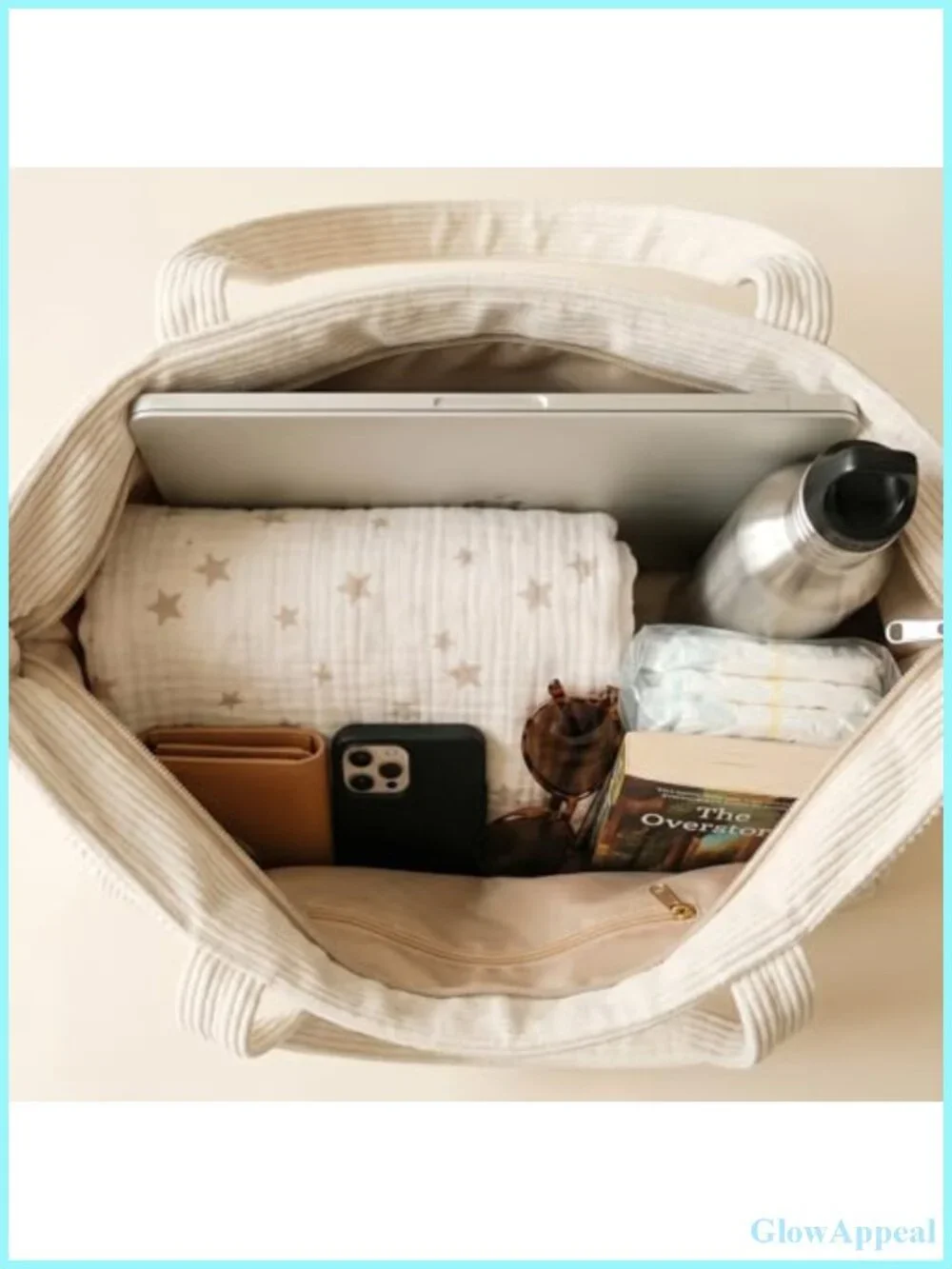 Large Corduroy Tote Bag with Zipper for Mom
